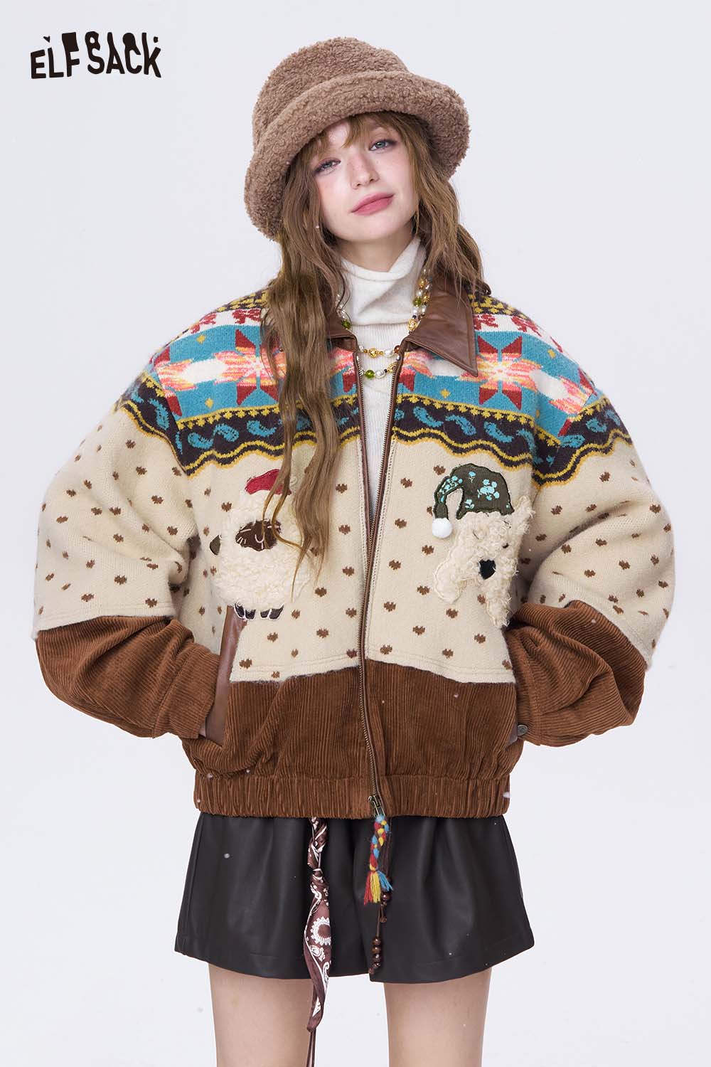 ELFSACK Soft Casual Stripe 3D Dog Graphic Lapel Coat