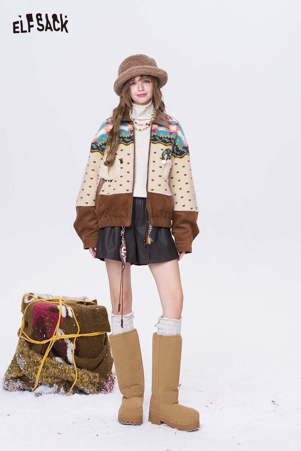 ELFSACK Soft Casual Stripe 3D Dog Graphic Lapel Coat
