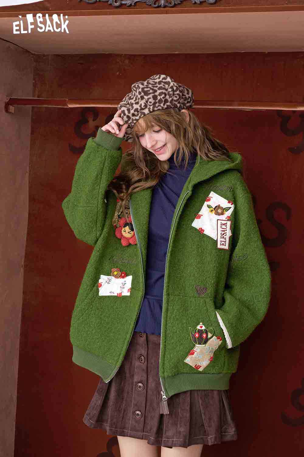 ELFSACK 3D Embellishment Square Embroidery Solid Hooded Coat