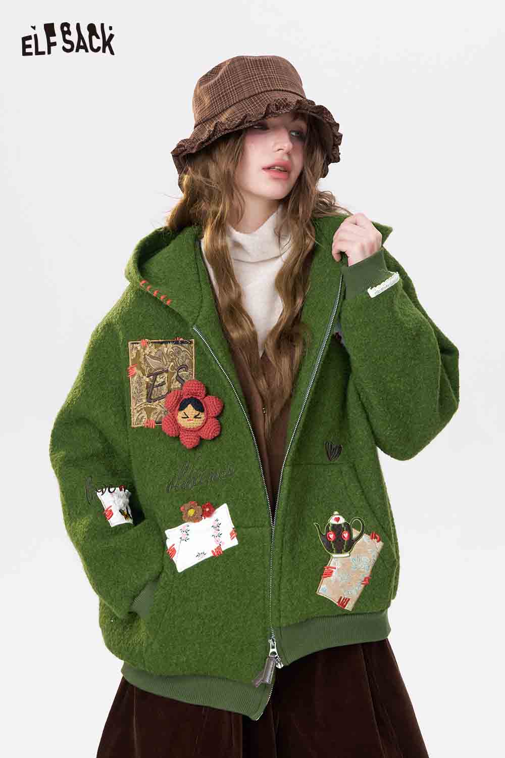 ELFSACK 3D Embellishment Square Embroidery Solid Hooded Coat