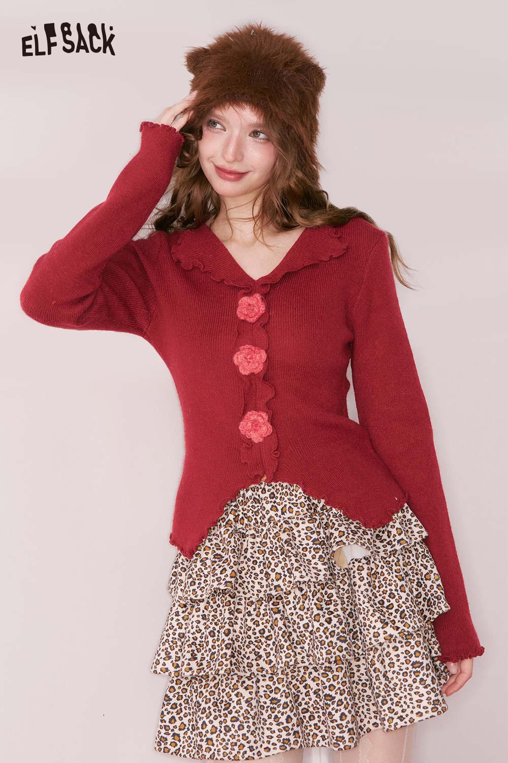 ELFSACK 3D Flower Button Embellishment Ruffle Lapel Slit Hem Knitwear