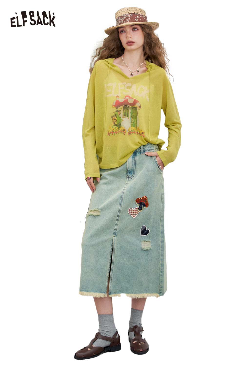 ELFSACK Cotton A-Line Distressed Slit High-Low Hem DenimMidi Skirt