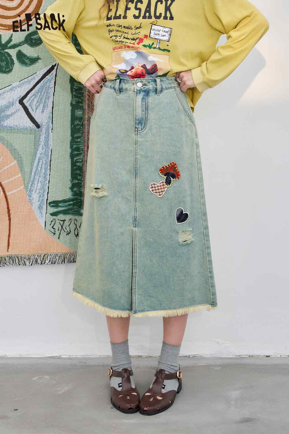 ELFSACK Cotton A-Line Distressed Slit High-Low Hem DenimMidi Skirt