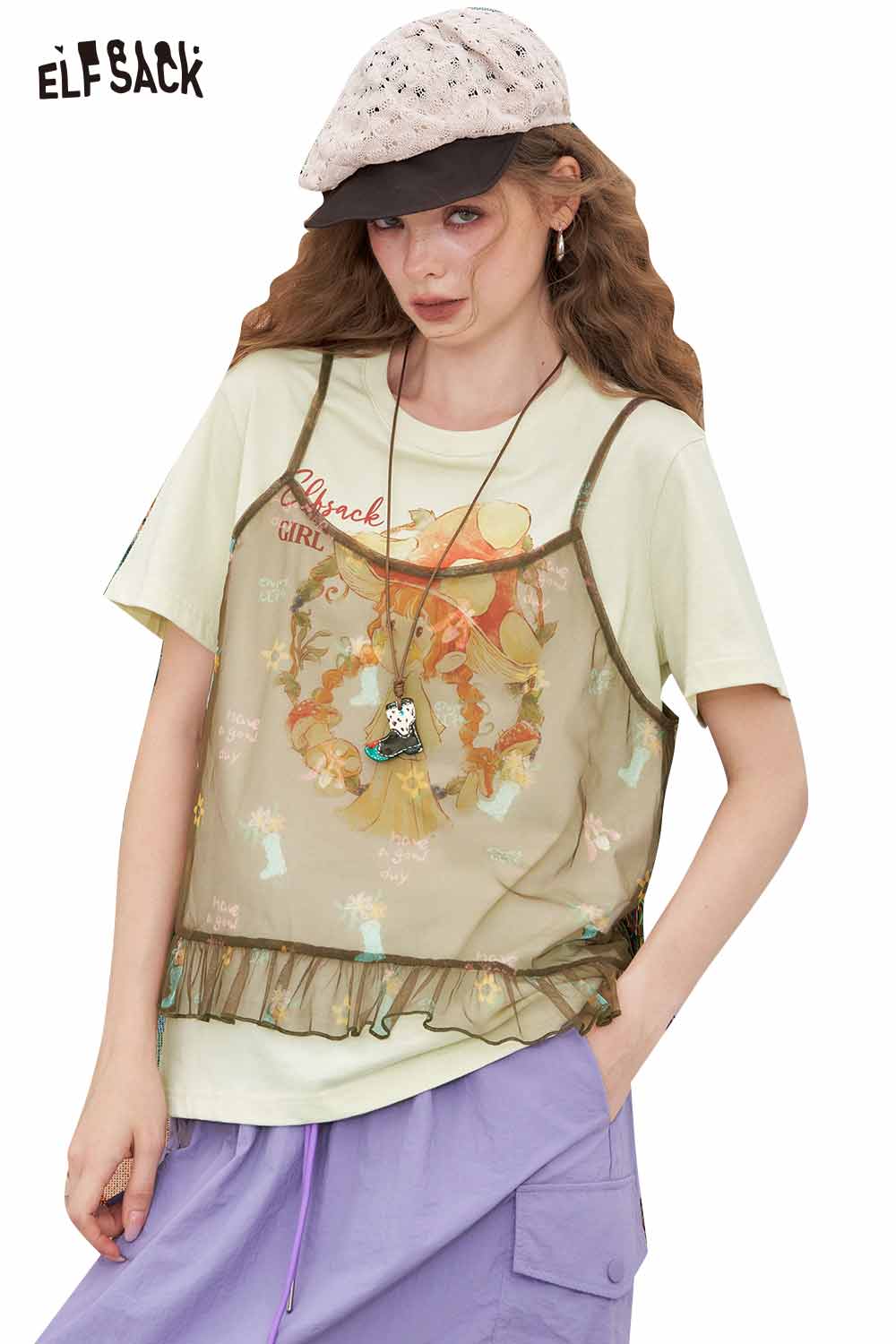 ELFSACK Mesh Cotton Loose Halter Printed Two-Piece T-Shirt