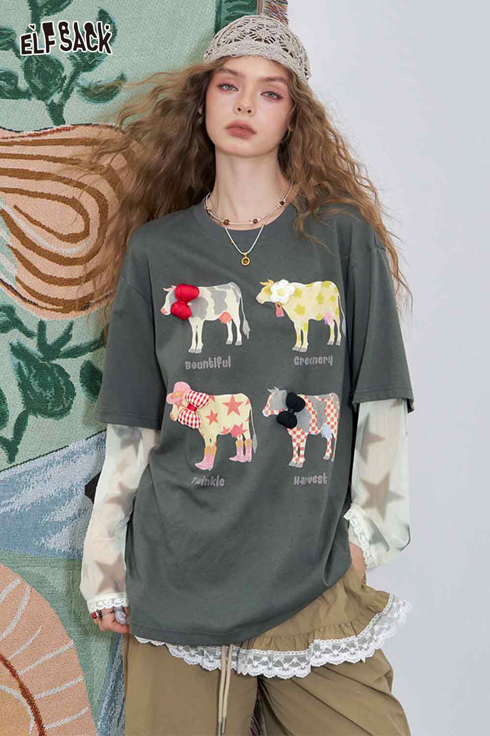 ELFSACK Mesh Splicing Loose Printed Long Sleeve T-Shirt
