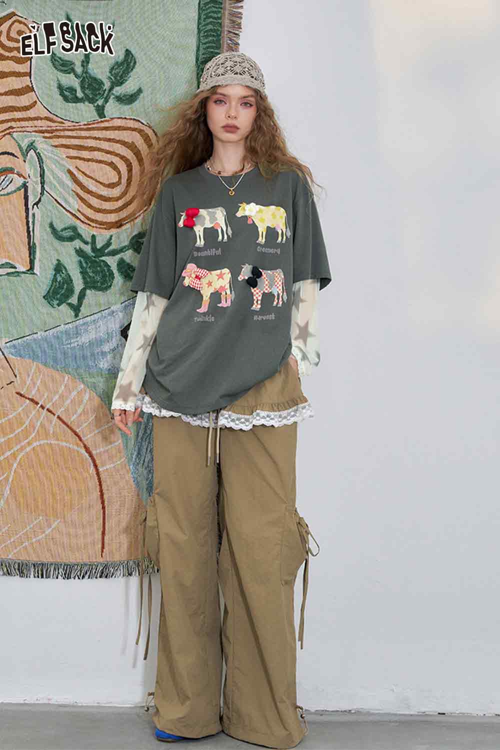 ELFSACK Mesh Splicing Loose Printed Long Sleeve T-Shirt