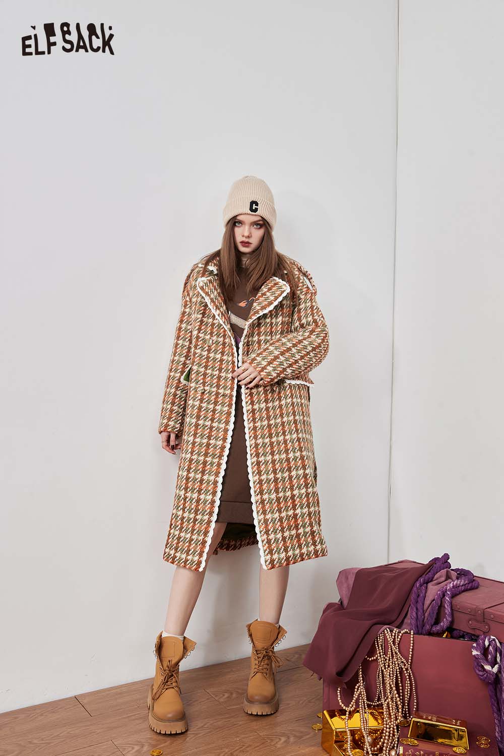 ELFSACK Tweed Check Pattern Boucle Long Wool Blend Coat