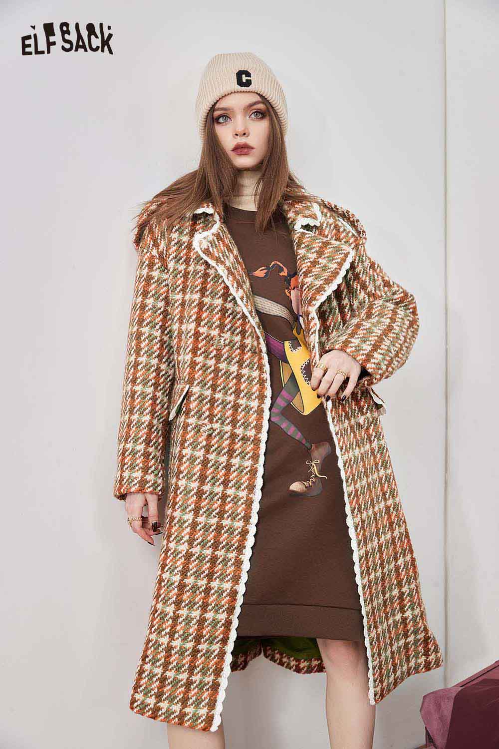 ELFSACK Tweed Check Pattern Boucle Long Wool Blend Coat