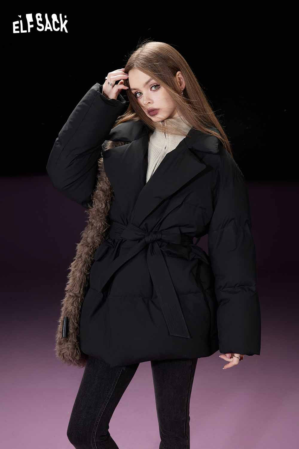 ELFSACK Mid Length Down Coat Warm Winter Hooded Design Jacket