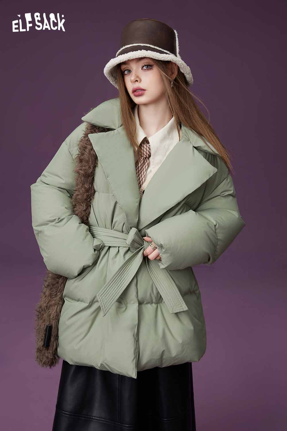 ELFSACK Mid Length Down Coat Warm Winter Hooded Design Jacket