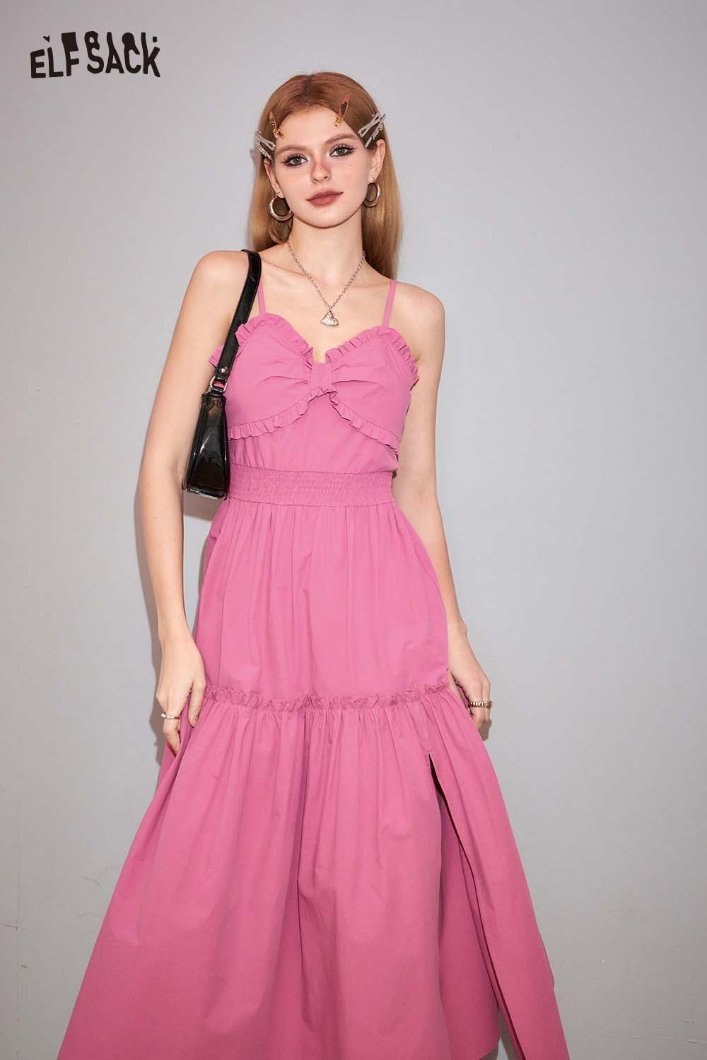 ELFSACK Plaid Slit Strapless Dress Slim Waist Bodycon Design