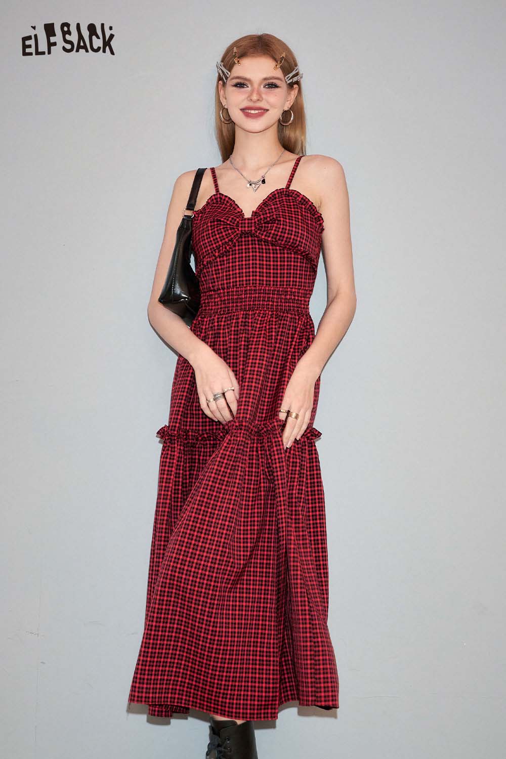 ELFSACK Plaid Slit Strapless Dress Slim Waist Bodycon Design