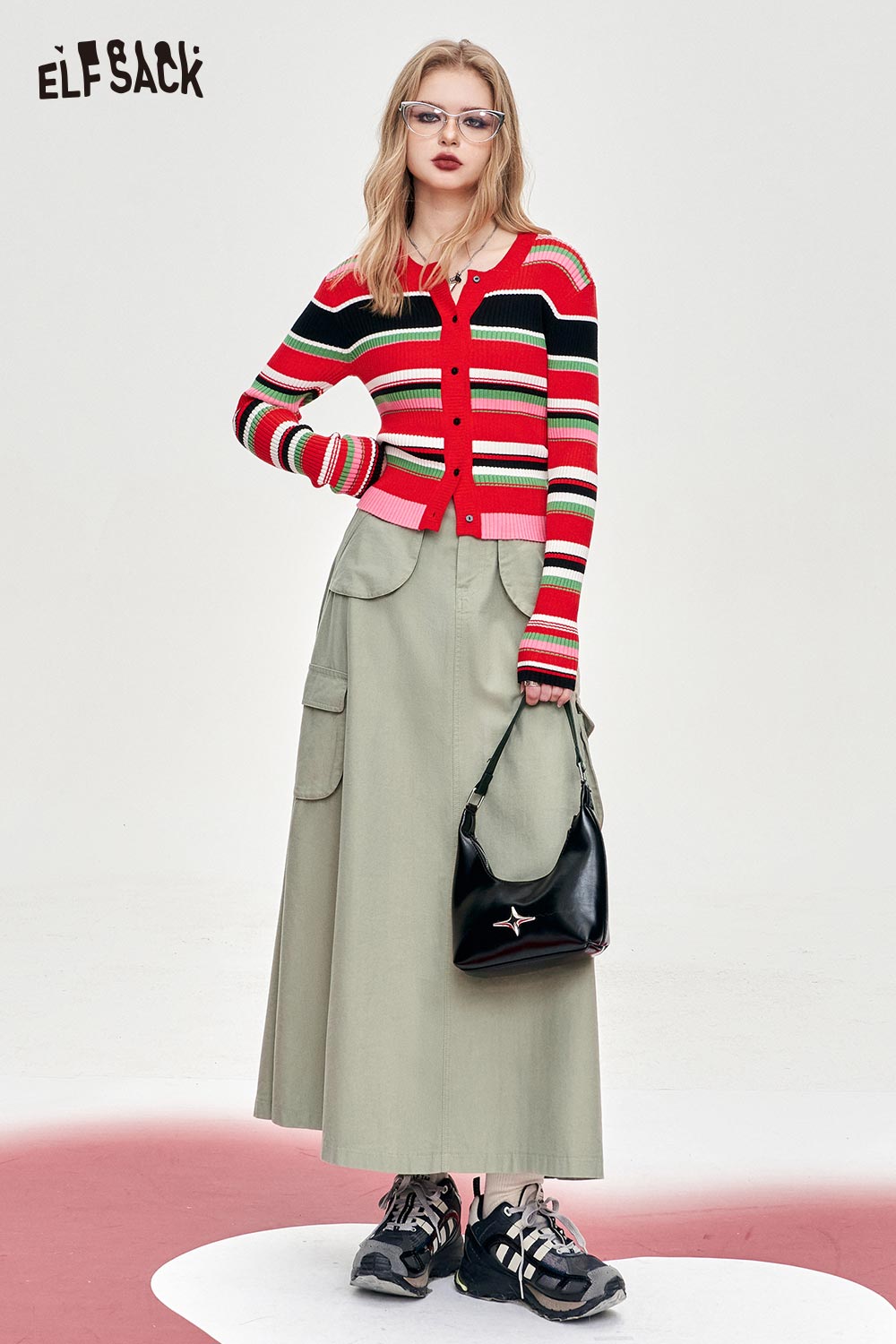 ELFSACK Utility High Waist A Line Long Skirt Slim Fit Cargo