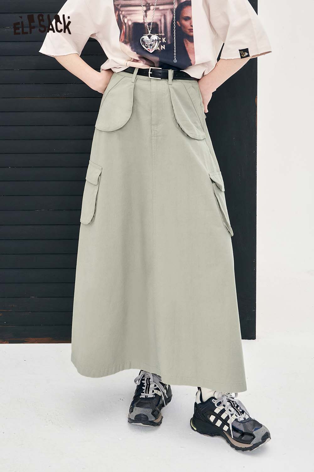 ELFSACK Utility High Waist A Line Long Skirt Slim Fit Cargo