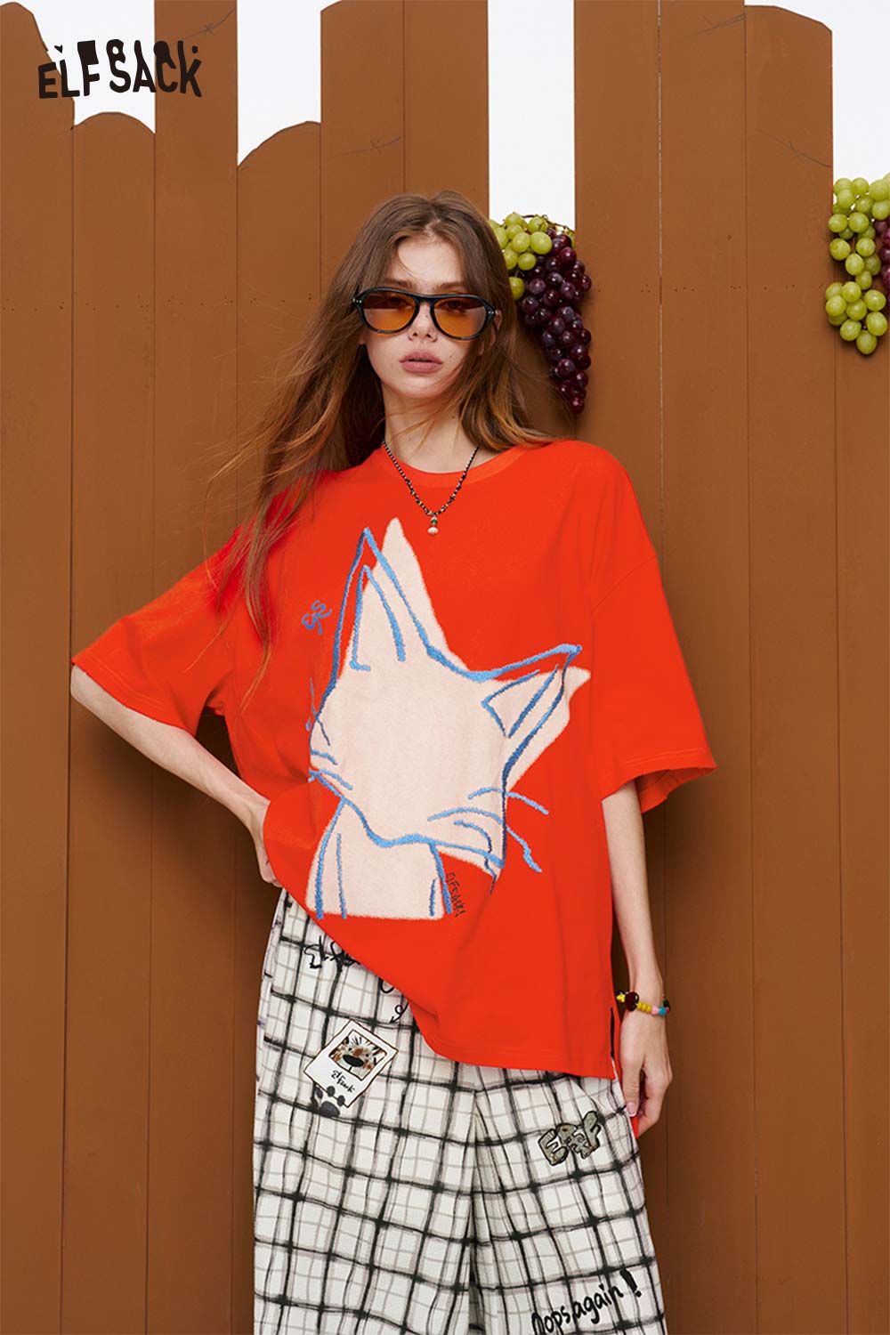 ELFSACK Abstract Cat Print Oversized Half Sleeve T-Shirt