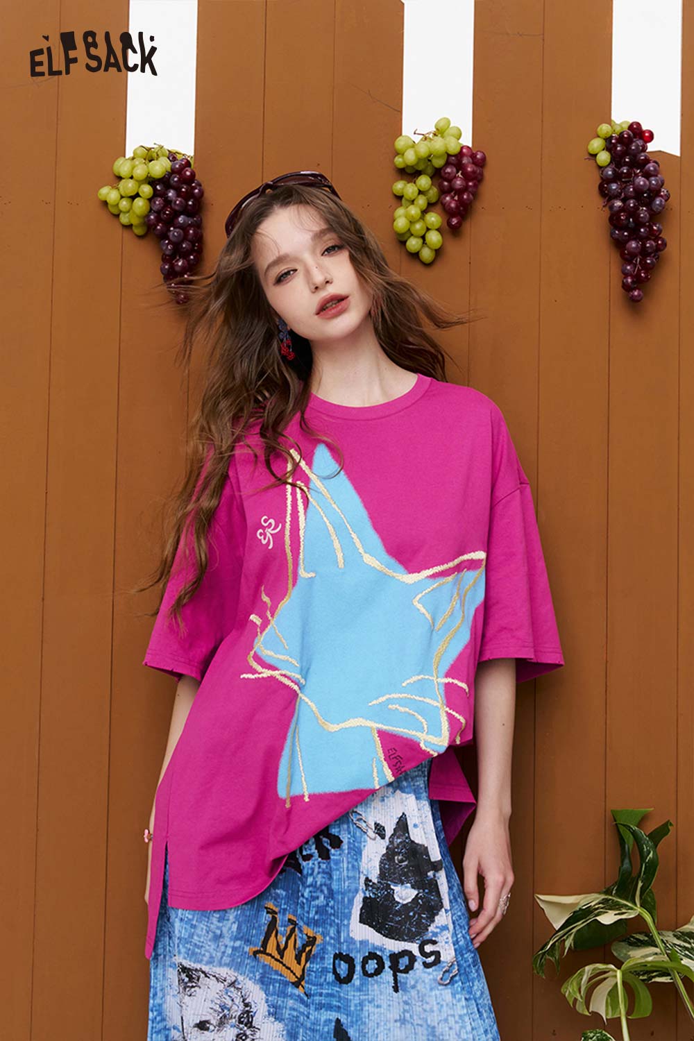 ELFSACK Abstract Cat Print Oversized Half Sleeve T-Shirt