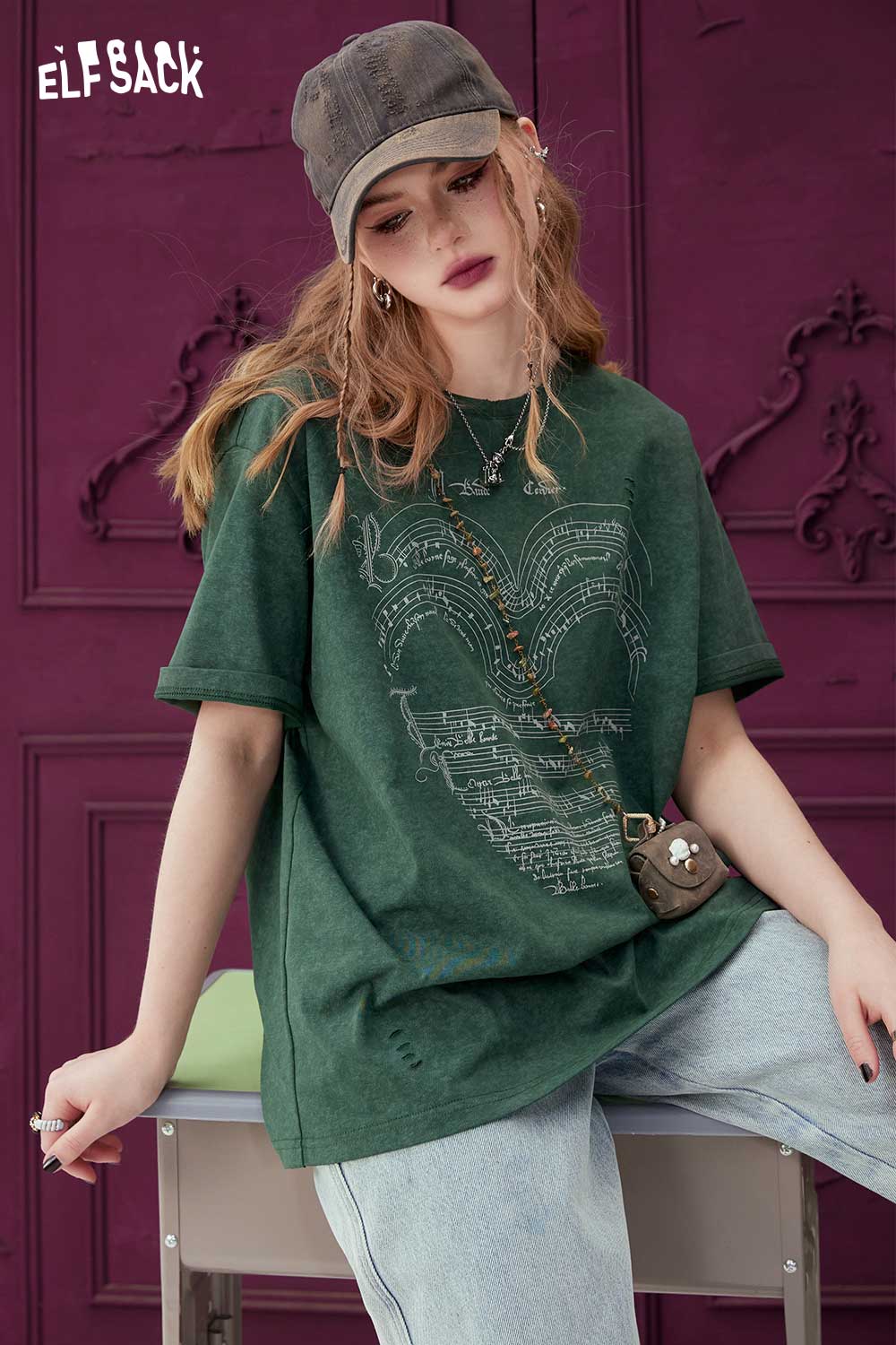 ELFSACK Acid Wash Grey T-Shirt With Music Score Heart