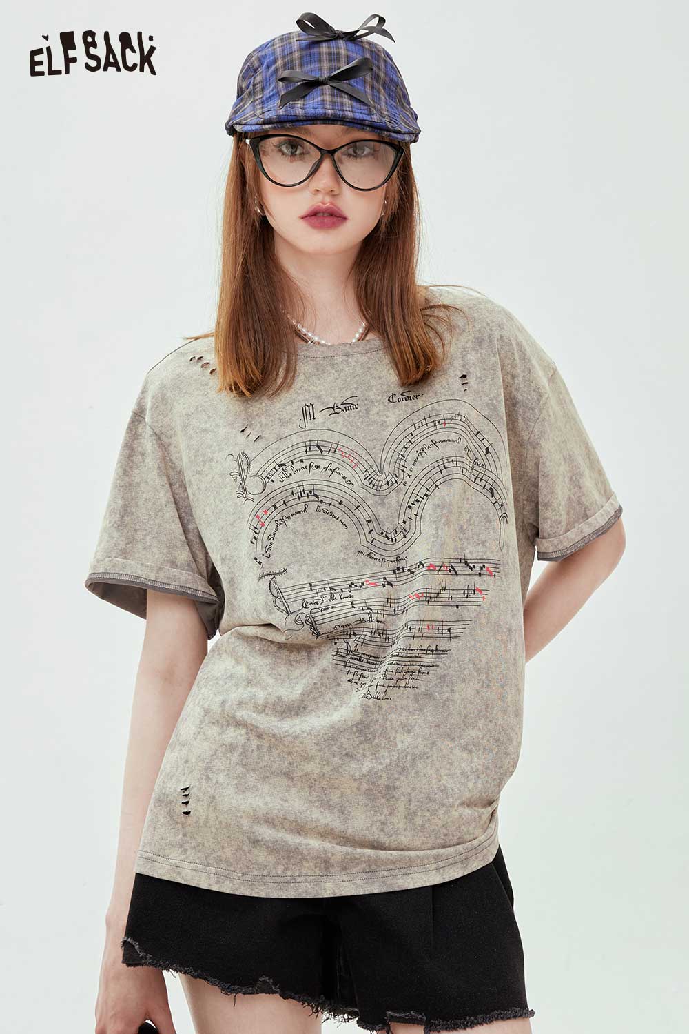 ELFSACK Acid Wash Grey T-Shirt With Music Score Heart