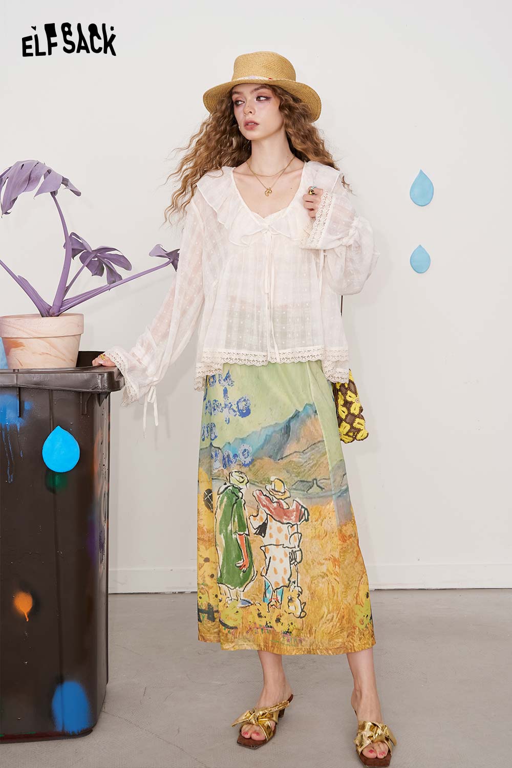 ELFSACK All-Over Print Fun Cartoon Straight Leg Casual Skirt