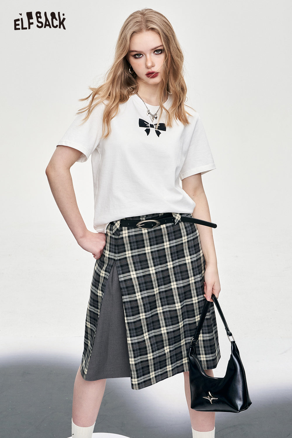 ELFSACK American Style Gray Patchwork Plaid A Line Skirt