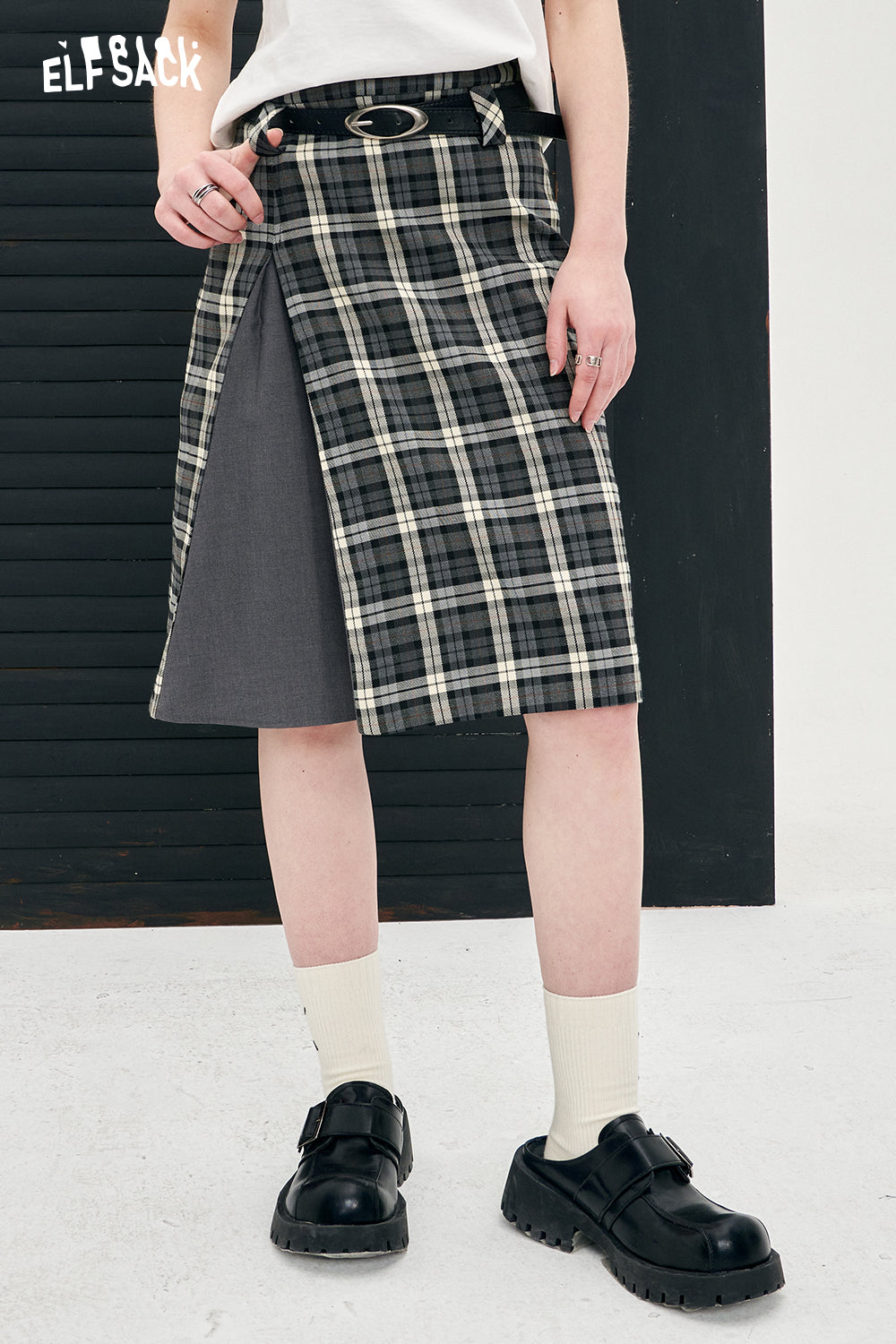 ELFSACK American Style Gray Patchwork Plaid A Line Skirt