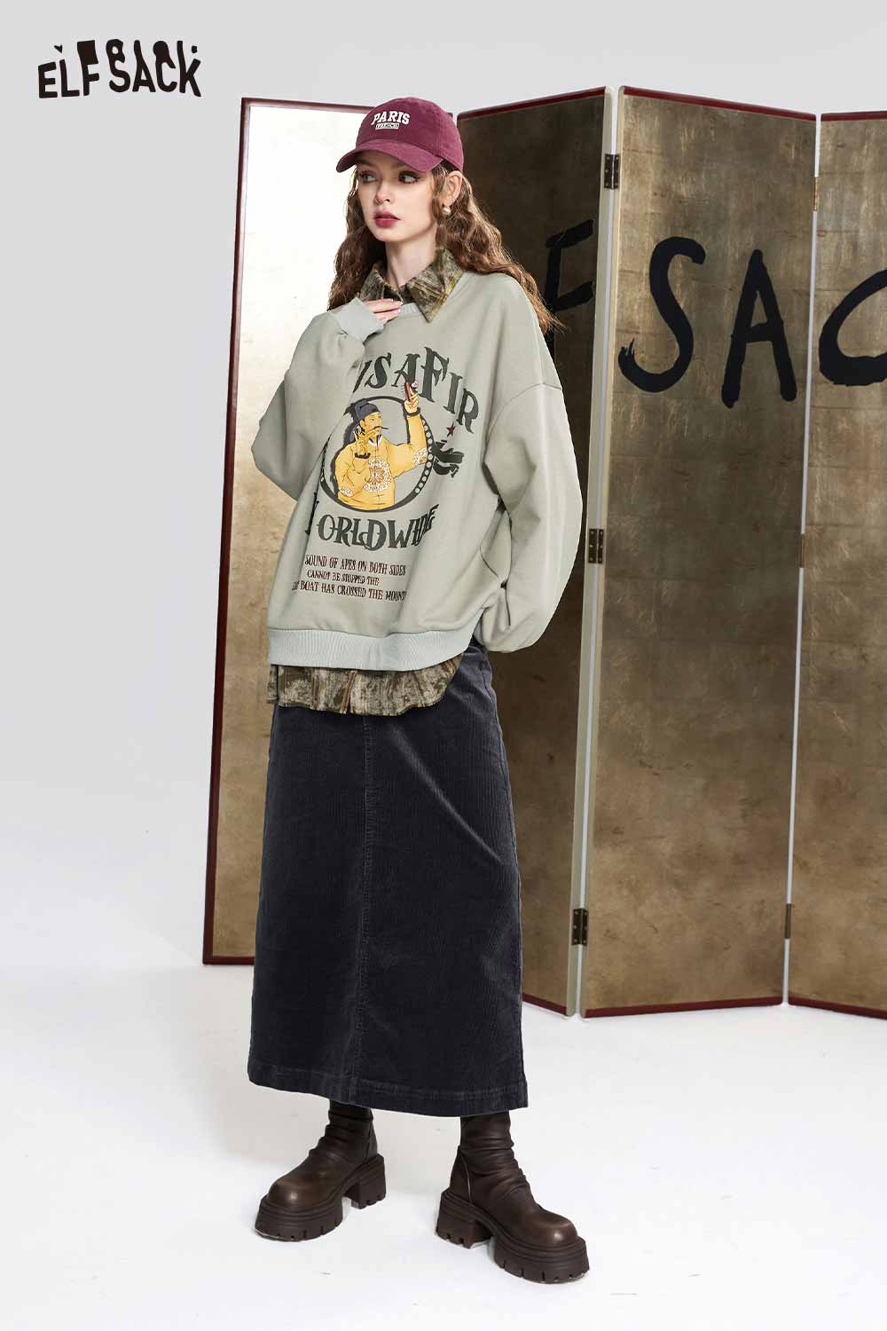 ELFSACK American Vintage Corduroy Fringe Midi Skirt