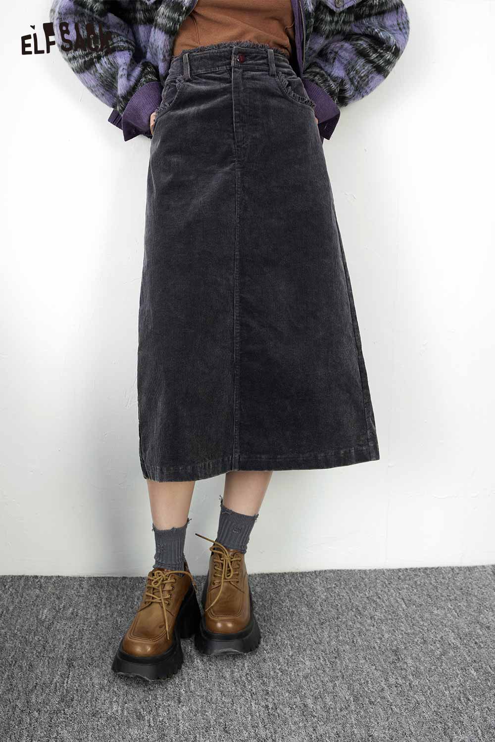 ELFSACK American Vintage Corduroy Fringe Midi Skirt