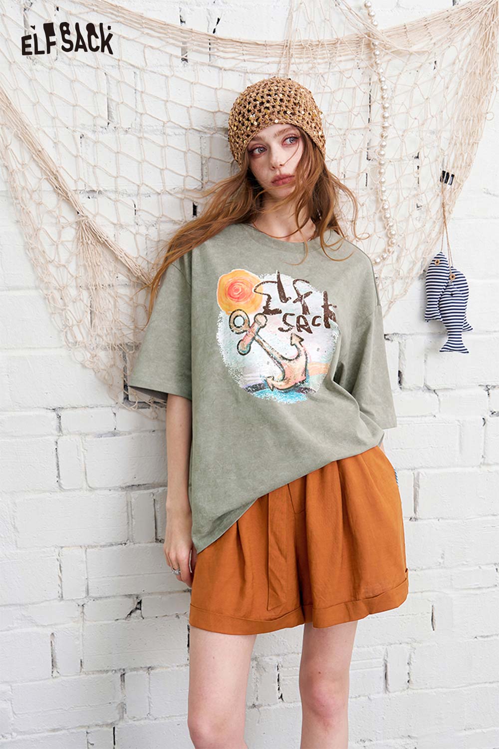 ELFSACK Anchor Print Washed Effect Oversized T-Shirt