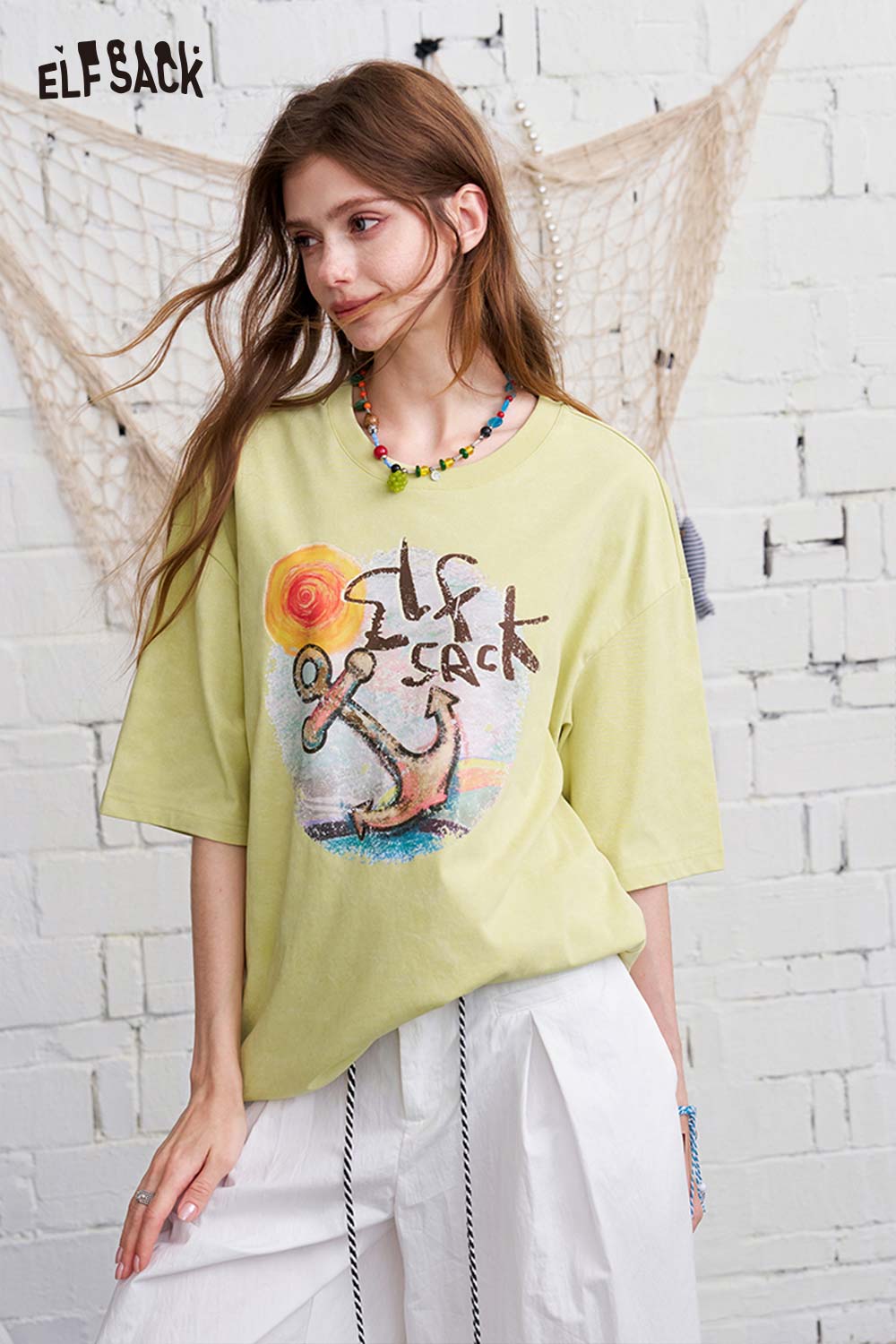 ELFSACK Anchor Print Washed Effect Oversized T-Shirt