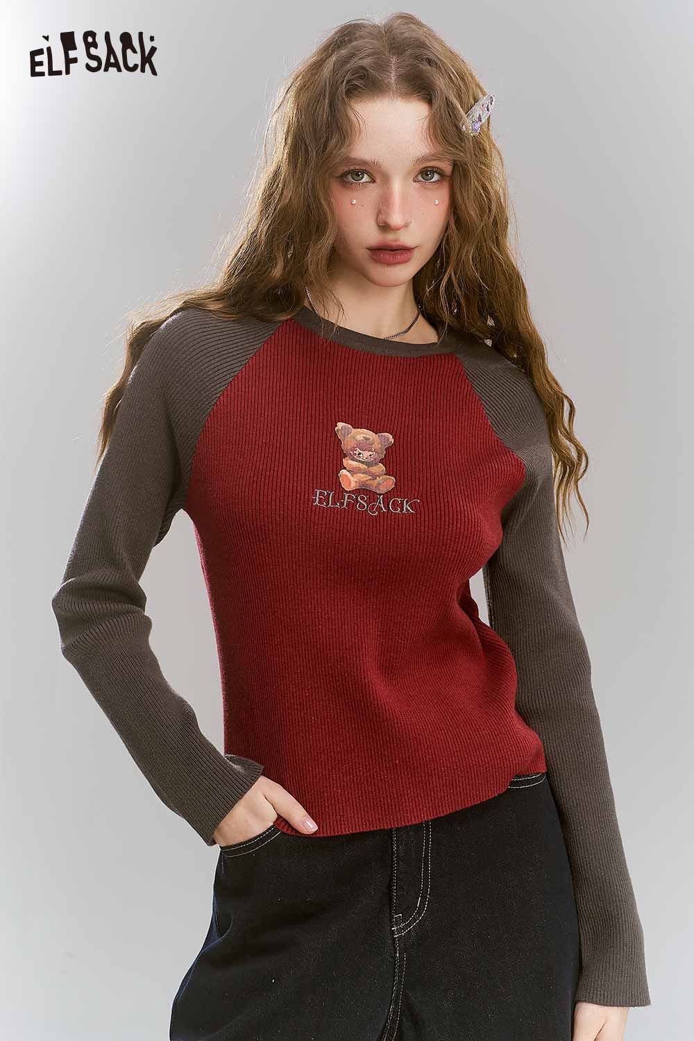 ELFSACK Angora Red Color Block Graphic Knit Slim Fit Base Layer