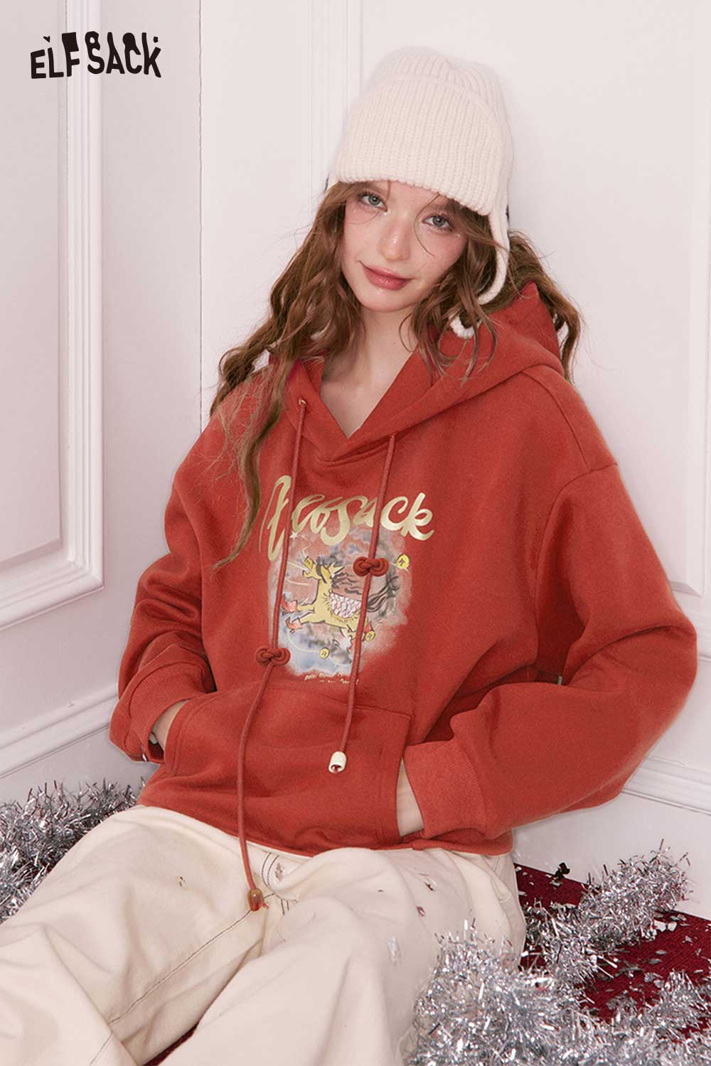 ELFSACK Casual Loose Animal Cartoon Graphic Hooded Sweatshirt