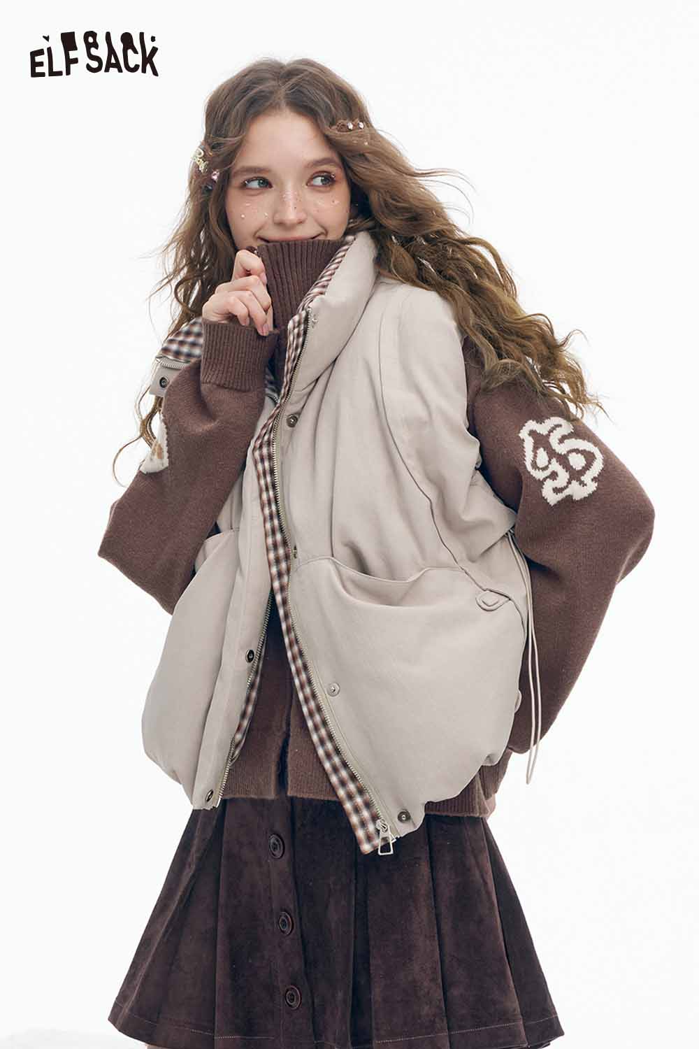 ELFSACK Soft Double Zip Animal Graphic Cropped Knit Sweater