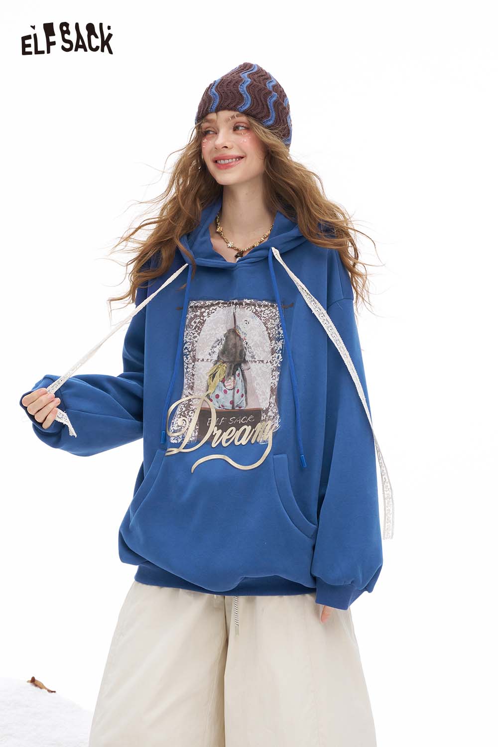 ELFSACK Soft Animal Graphic Letter Graphic Lace Drawstring Solid Hooded Sweatshirt