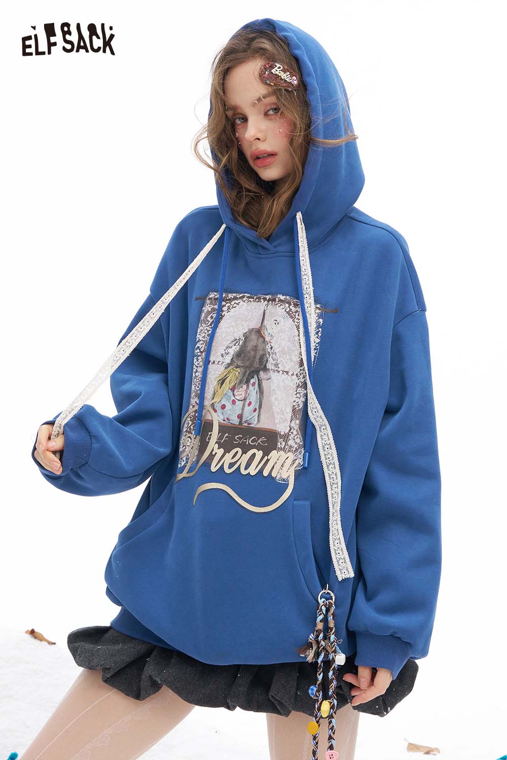 ELFSACK Soft Animal Graphic Letter Graphic Lace Drawstring Solid Hooded Sweatshirt