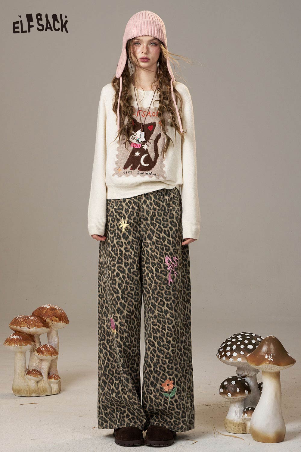 ELFSACK Denim All Over Animal Print Cartoon Embroidery Loose Fit Jeans