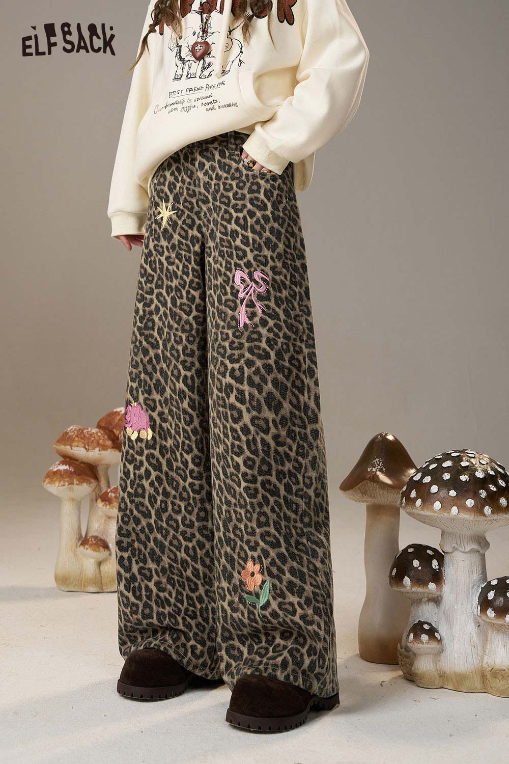 ELFSACK Denim All Over Animal Print Cartoon Embroidery Loose Fit Jeans