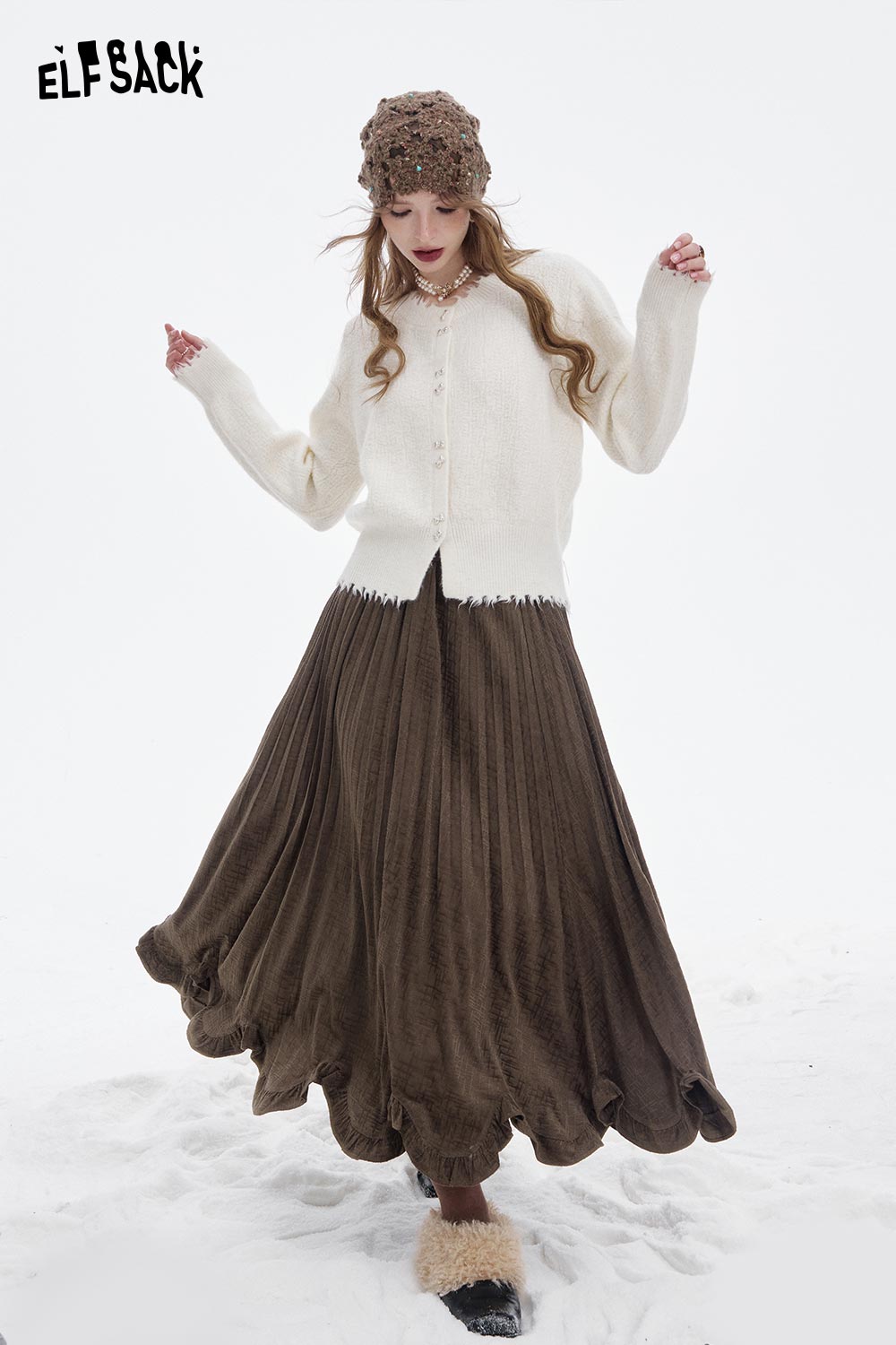 ELFSACK Soft Solid Asymmetric Flounce Hem Pleated Long Half Skirt
