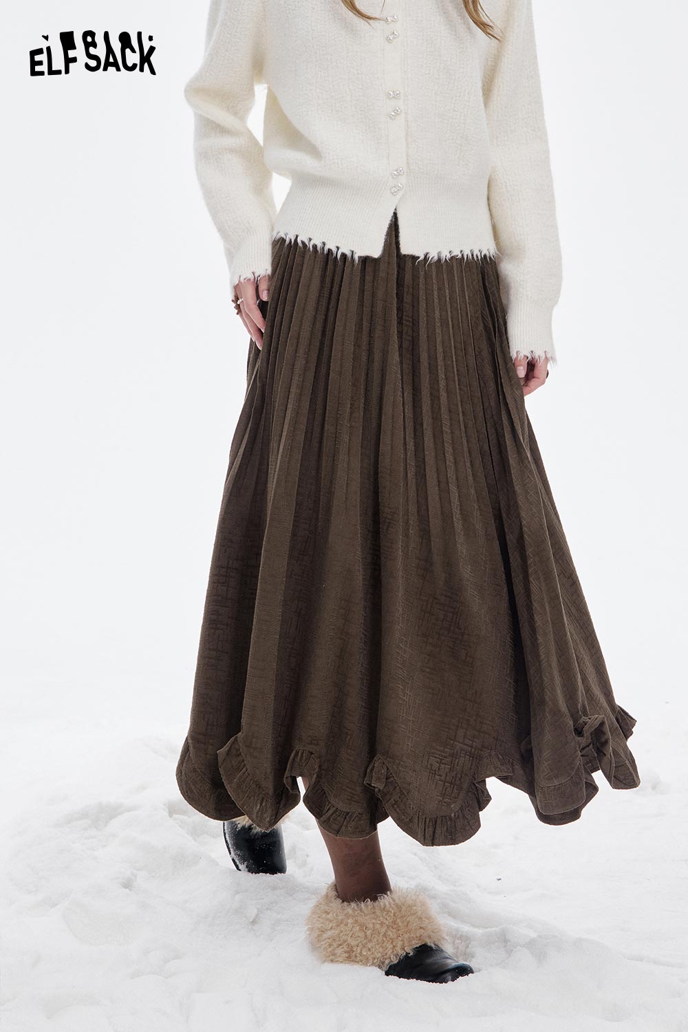 ELFSACK Soft Solid Asymmetric Flounce Hem Pleated Long Half Skirt