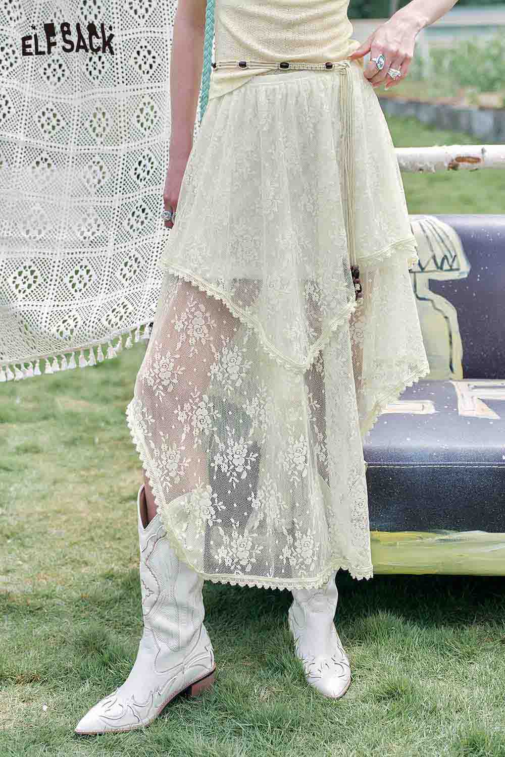 ELFSACK Asymmetric Lace Patchwork Design Slimming A Line Half Skirt