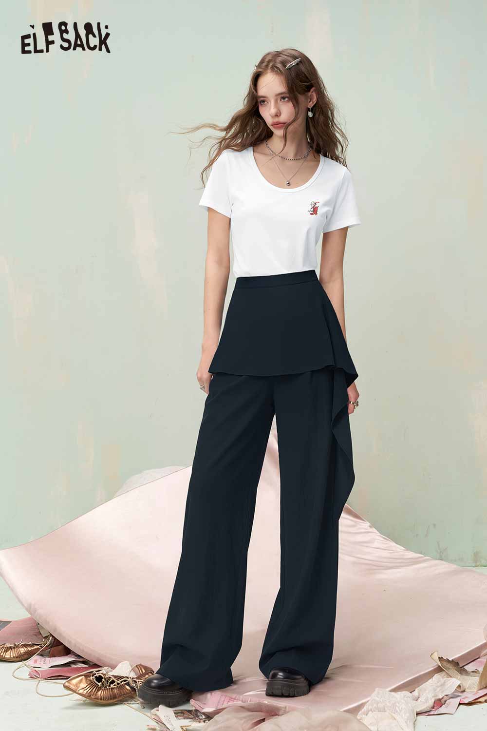 ELFSACK Asymmetric Layered Skirt Overlay Pants