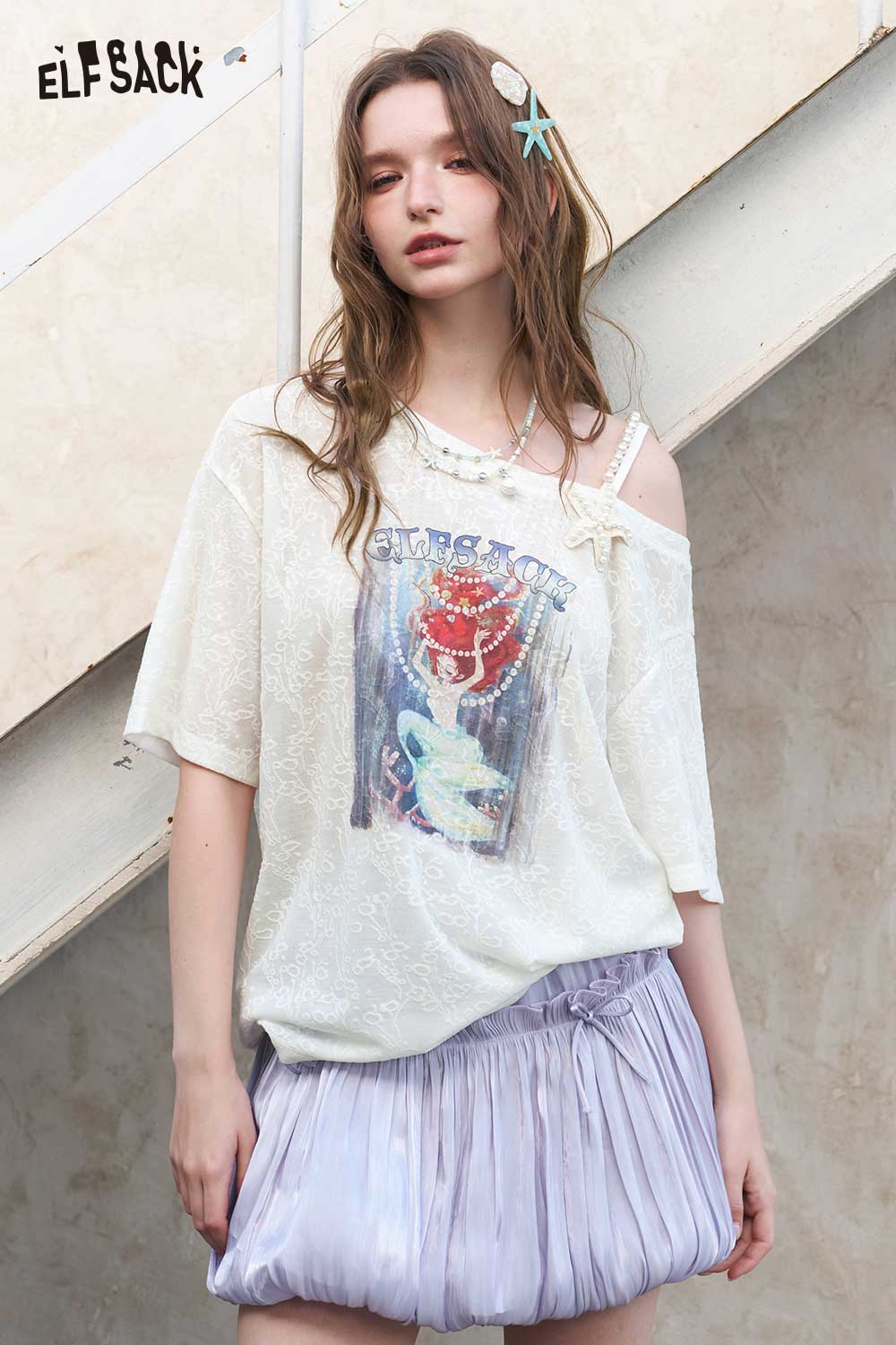 ELFSACK Asymmetric Mermaid Print Pearl Strap Tee