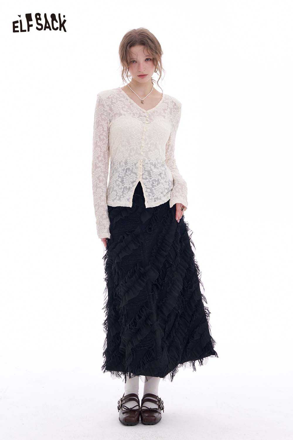 ELFSACK Asymmetric Panel Fringe Skirt Winter Design Slim Maxi Skirt