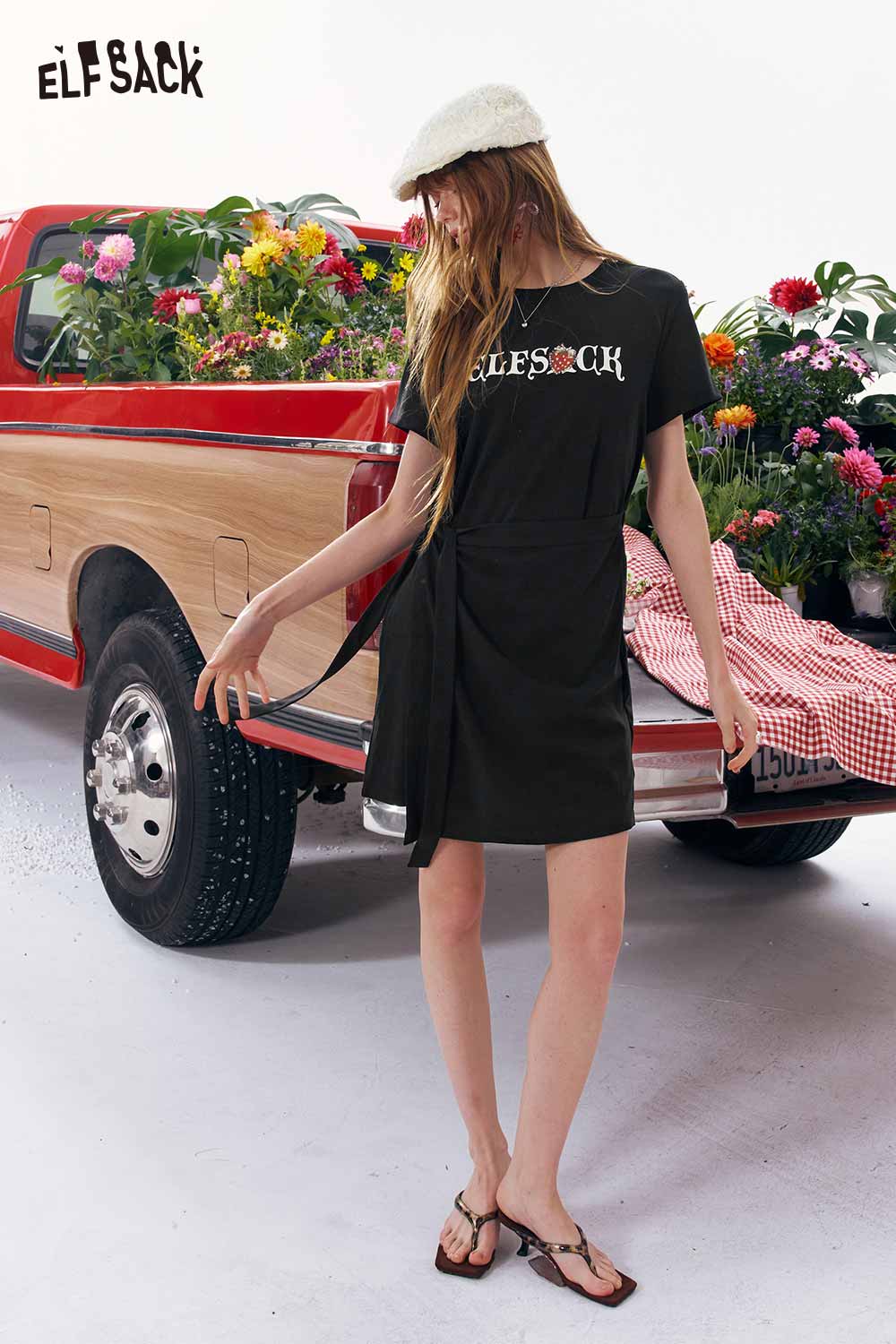 ELFSACK Asymmetrical Hem Waist Tie Dress