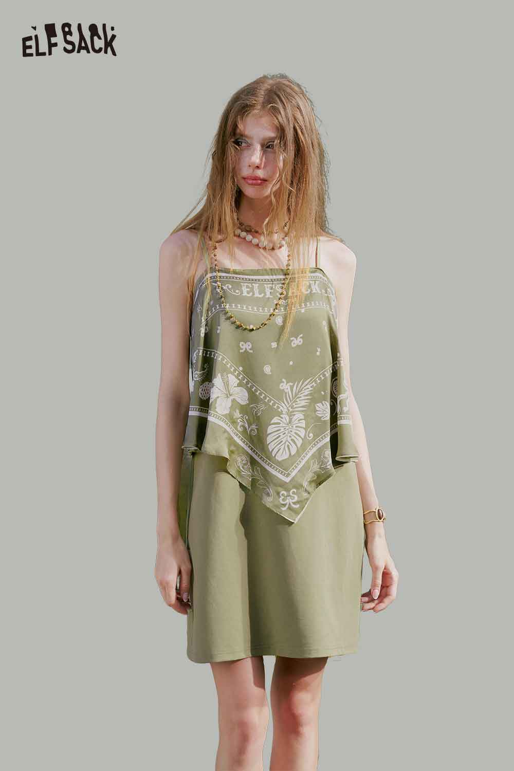 ELFSACK Bandana Print Fake Two Piece Midi Dress