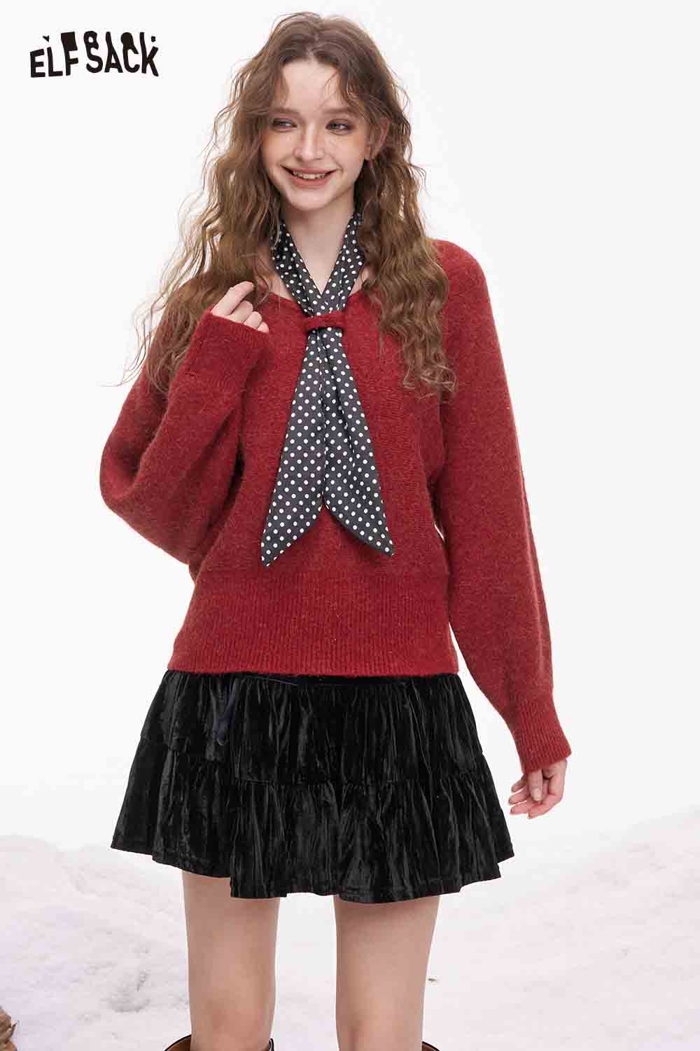 ELFSACK Design Loose Bat Sleeve Wide Neckline Polka Dot Tie Sweater