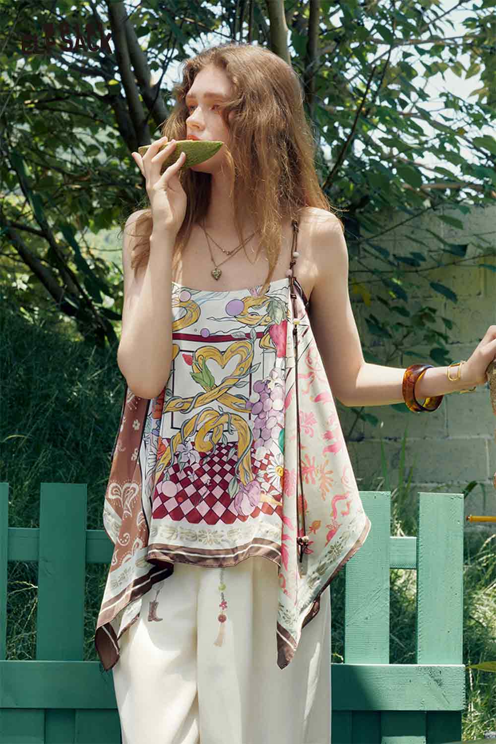 ELFSACK Bead Strap Fruit Floral Asymmetric Cami