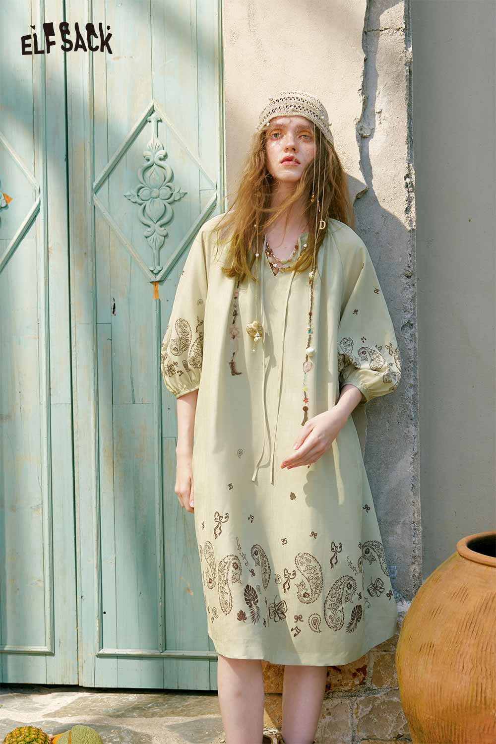 ELFSACK Beaded Paisley Flare Sleeve Midi Dress
