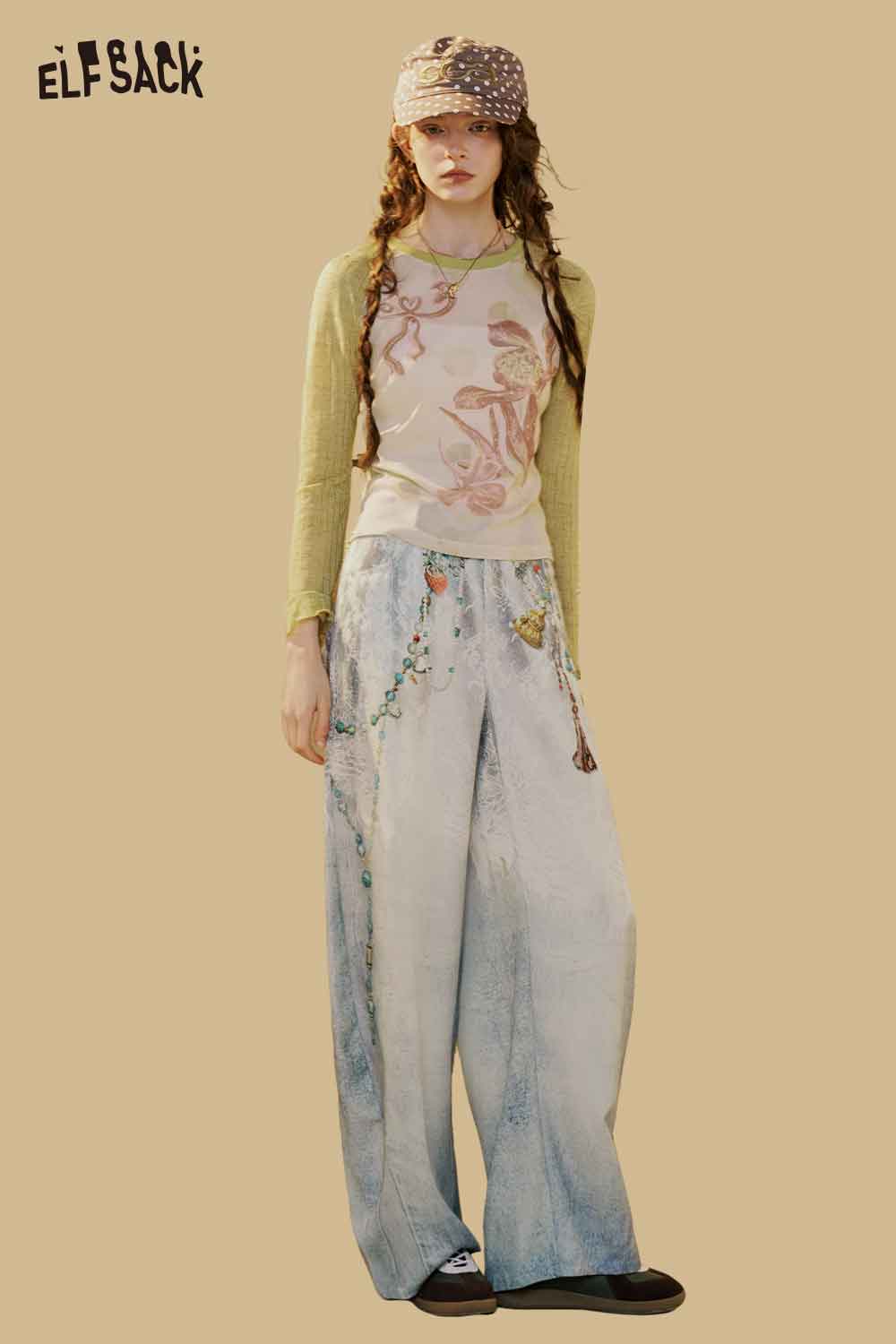 ELFSACK Beaded Print High Waist Wide Leg Jeans