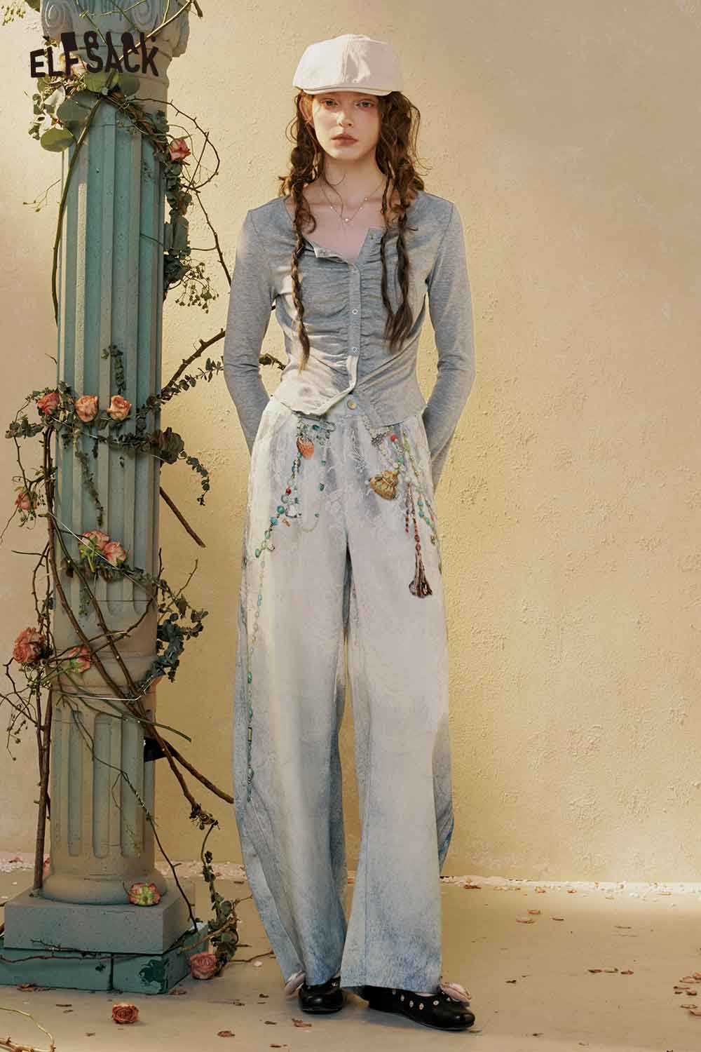 ELFSACK Beaded Print High Waist Wide Leg Jeans