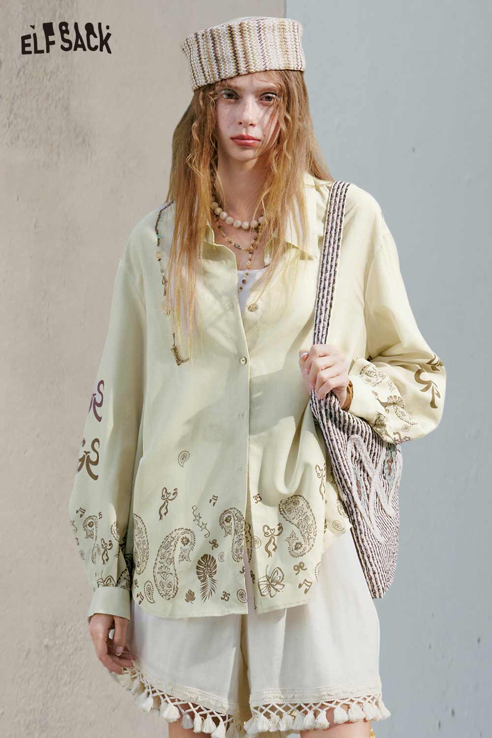 ELFSACK Beaded Tassel Paisley Print Shirt